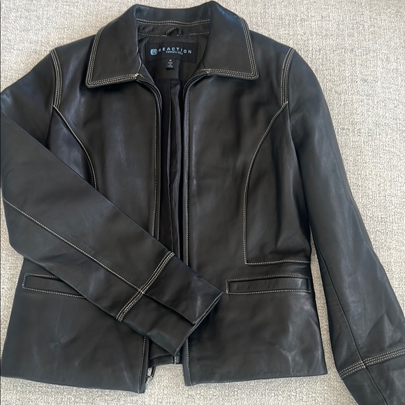 Kenneth Cole Black Leather Jacket with White Stitching - Picture 1 of 7
